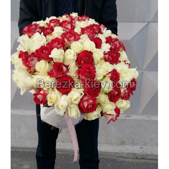 Букет из белых-красных роз 101 шт. высота 50-60см.